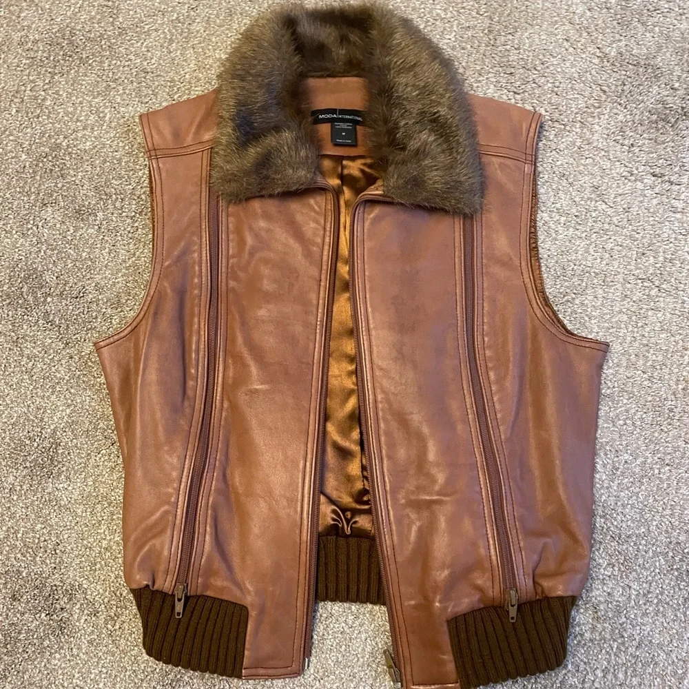 VTG Moda International Brown Leather Vest with Faux Fur Size M Aviator Bomber - Picture 9 of 13